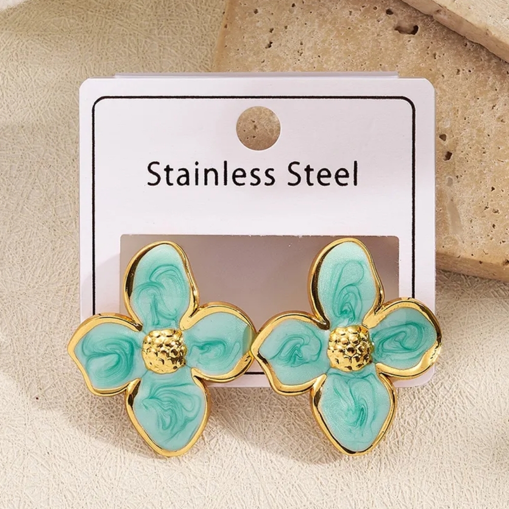Gold and Green Enamel Flower Stud Earrings